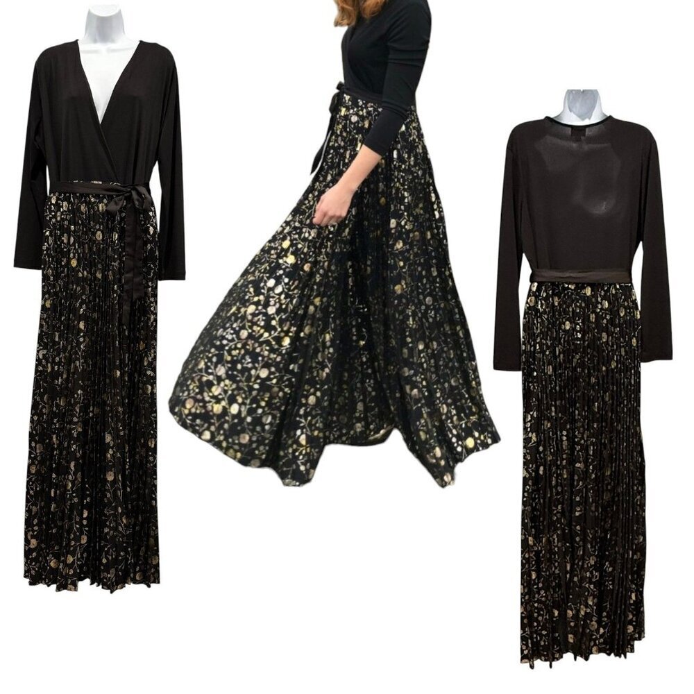 LuLaRoe Metallic Floral Wrap Maxi Dress Accordion Pleats Evening Formal Size XL